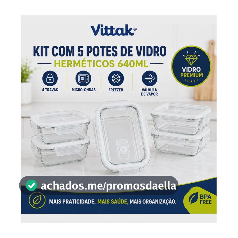 Vittak Kit 5 Potes Vidro Hermético Transparente 640ml Tampa 4 Travas Marmita Microondas Freezer Porta Mantimentos