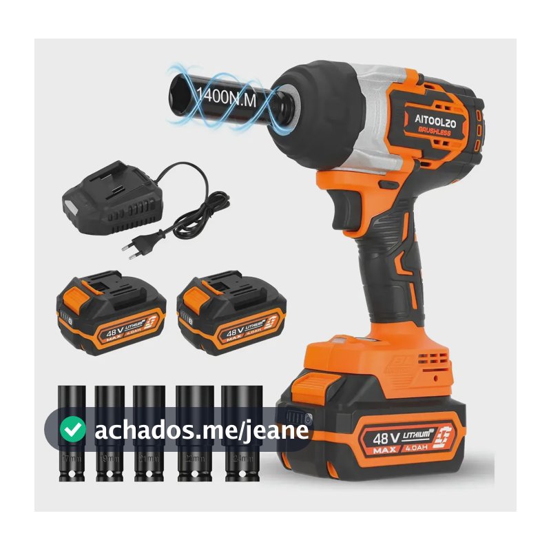 Chave de Impacto Elétrica Aitoolzo Sem Escovas 48V 1400Nm Com 2 Baterias Laranja