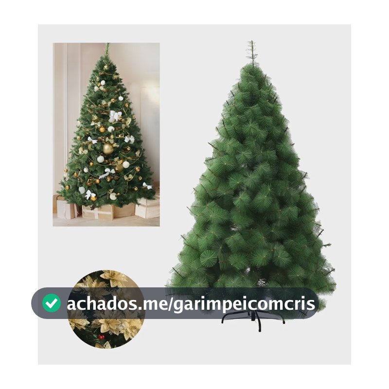 Árvore De Natal Pinheiro Premium 2,10m Galhos Cheio Pompom Luxuosa com Flores Douradas
