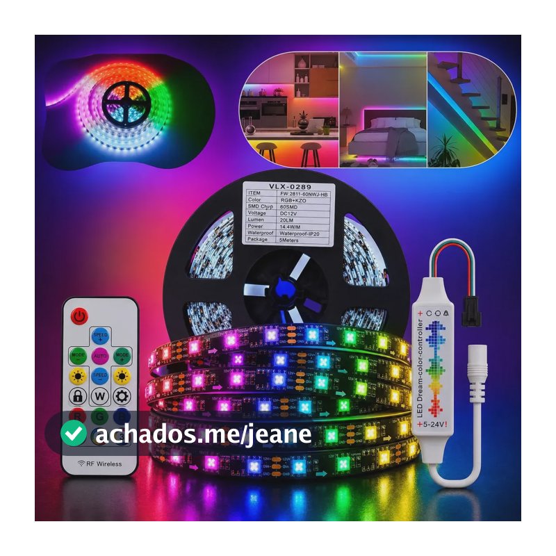 Fita Led Ws2811 5m Endereçavel 300 Leds Ip20 + Controladora Rgb 12v