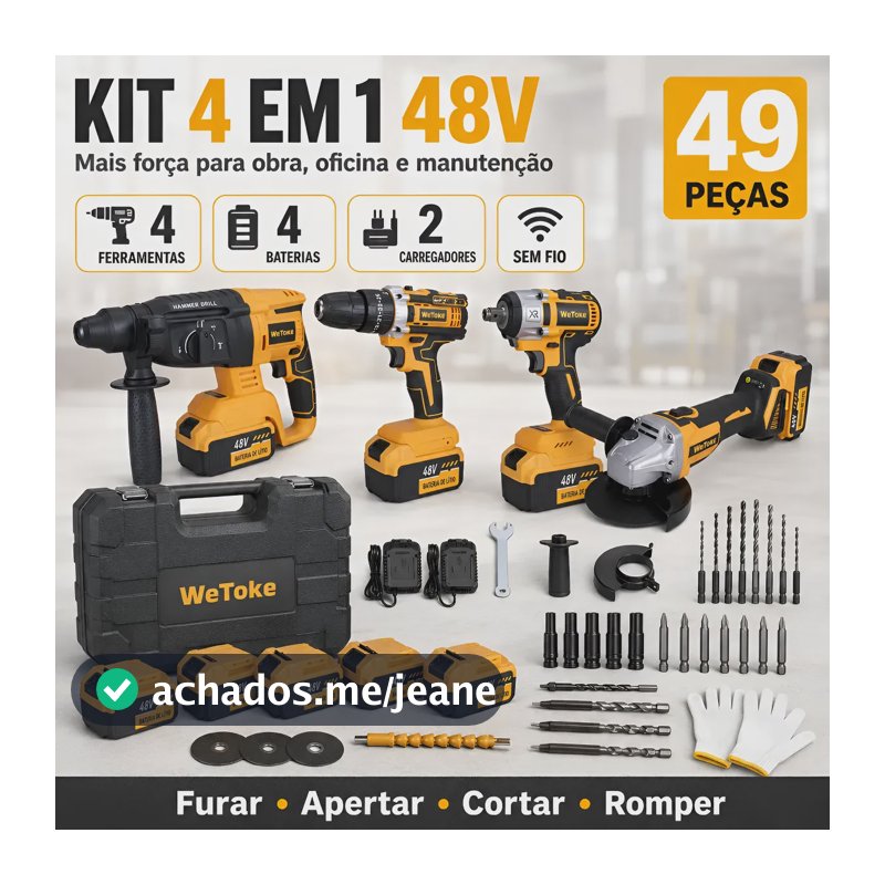 Kit 49 Peç Ferramentas Elétricas 48v Com 4 Baterias 4 Em 1