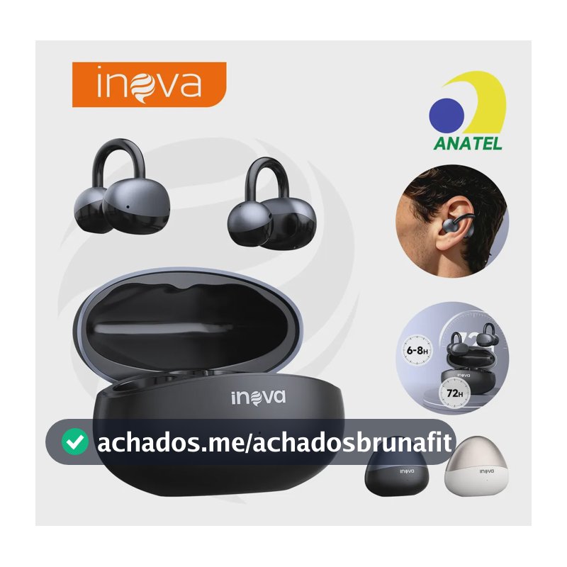 Fone de Ouvido Inova FON-13025E Tipo Clip Orelha Preto, Bluetooth, IPX6, para Esporte