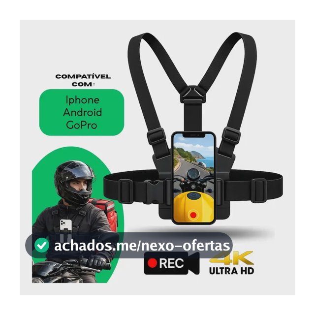 Suporte De Peito Para Celular Câmera Peitoral GoPro Gravar Pov Moto Bicicleta Esporte Compatível iPhone Android Ajustável Profissional Indue Variedades