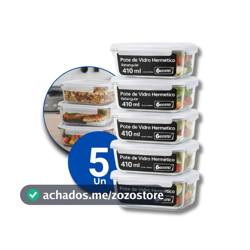 Kit 5 Potes De Vidro Hermetíco 410ml Marmita Forno Retangular Com 4 Travas Gostei!