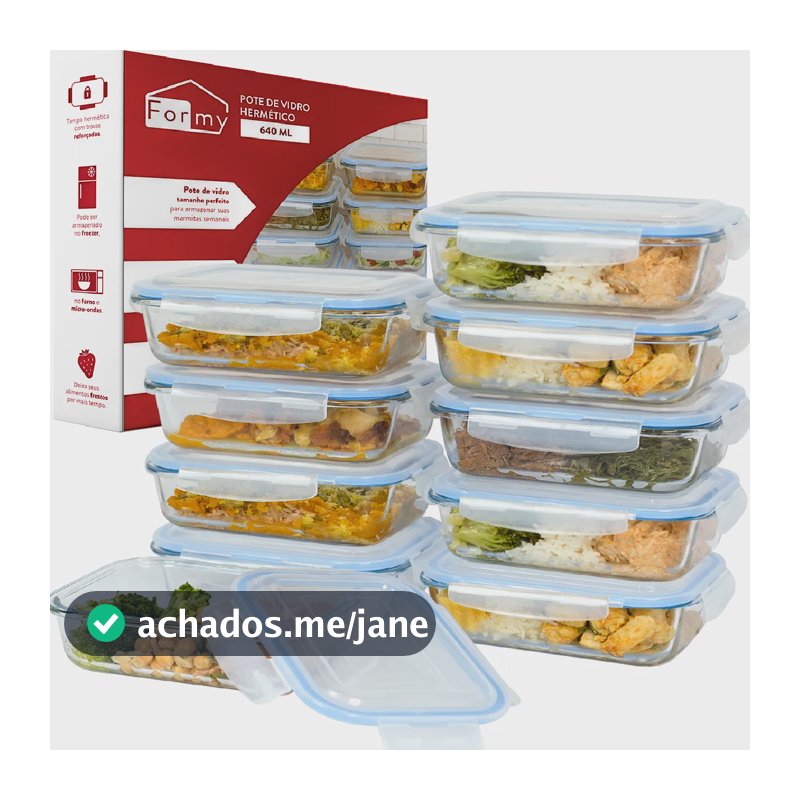 Kit 10 Potes Vidro Hermético 640ml Marmita Fitness Freezer Transparente