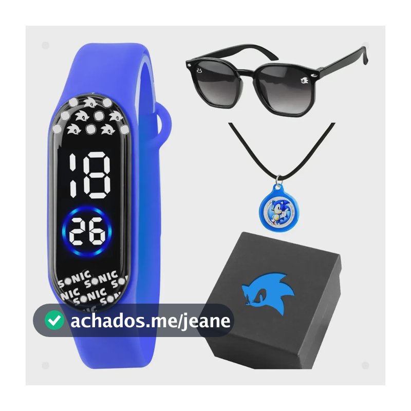 Relogio Infantil Digital Sonic + Oculos Sol + Colar + Caixa  Azul