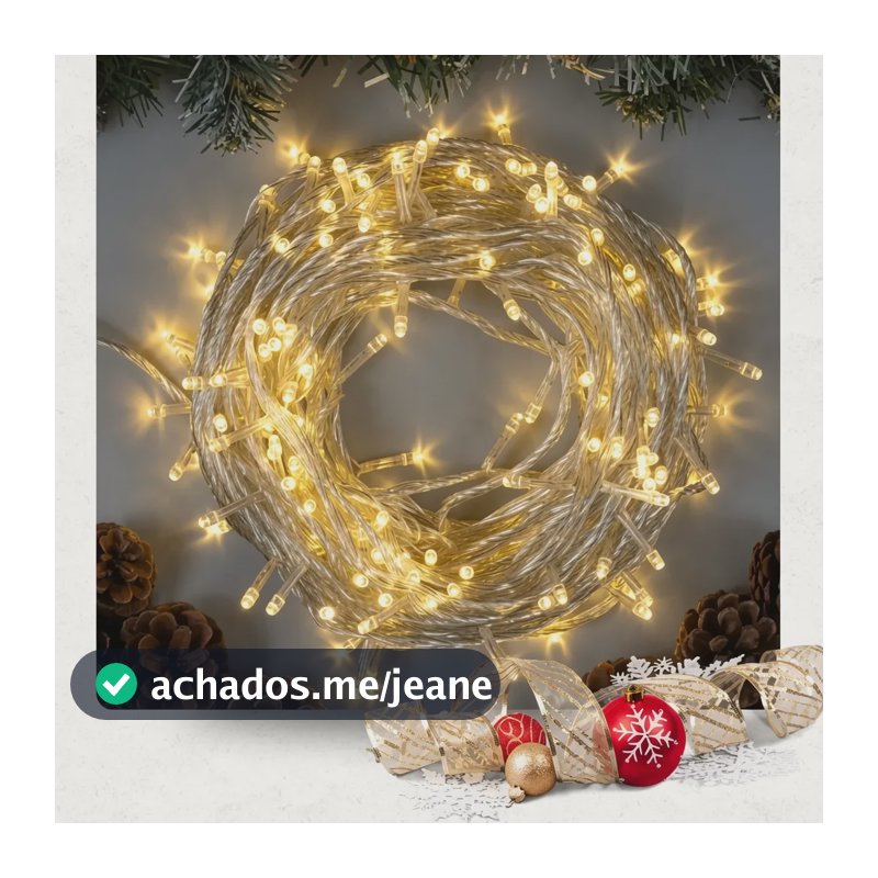 Cordão 100 Led 10m 8 Função Luz Pisca Decoração Arvore Natal Branco Quente 127v Fio Transparente