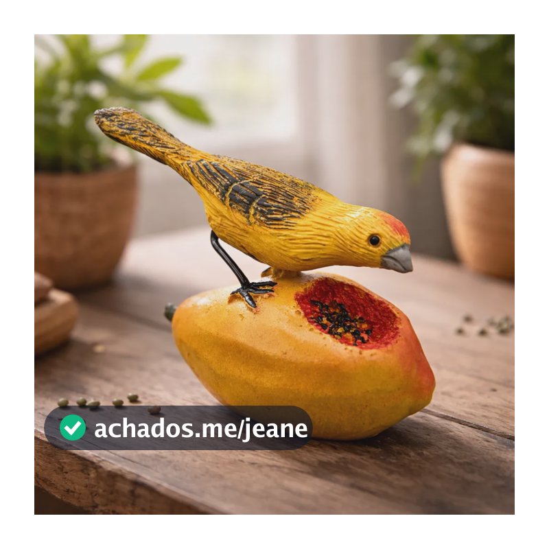 Pássaro No Mamão Passarinho Decorativo Escultura  Amarelo Amarelo