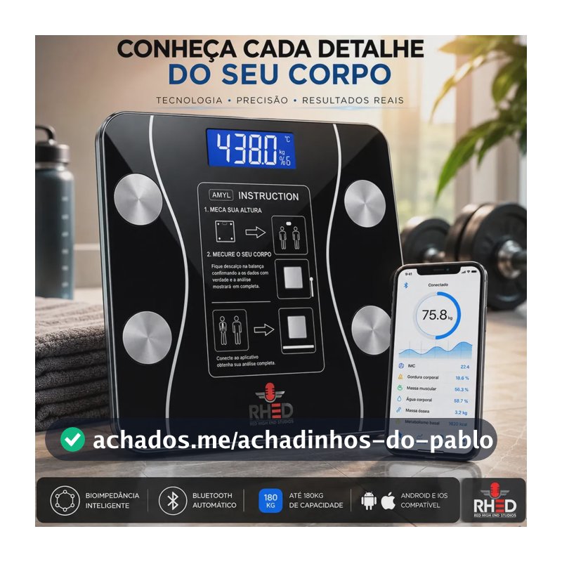 Balança Digital Bioimpedância Profissional smart imc 180kg Bluetooth Corporal Aparelho Alta Capacidade aplicativo App para Android e para IOS Balança De Banheiro Academia