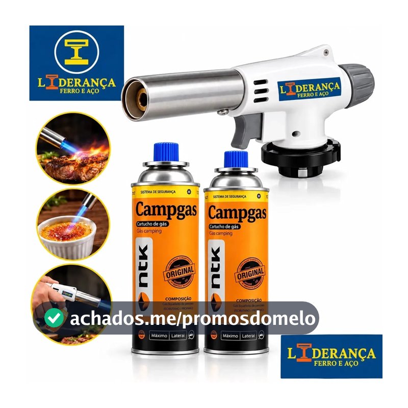 Maçarico Portátil Regulável + 2 Refil Chama Fina 1300°C Para Gás Butano Culinária Soldagem Artesanato Reparos Manutenção Churrasqueira Uso Doméstico Marca - Liderança