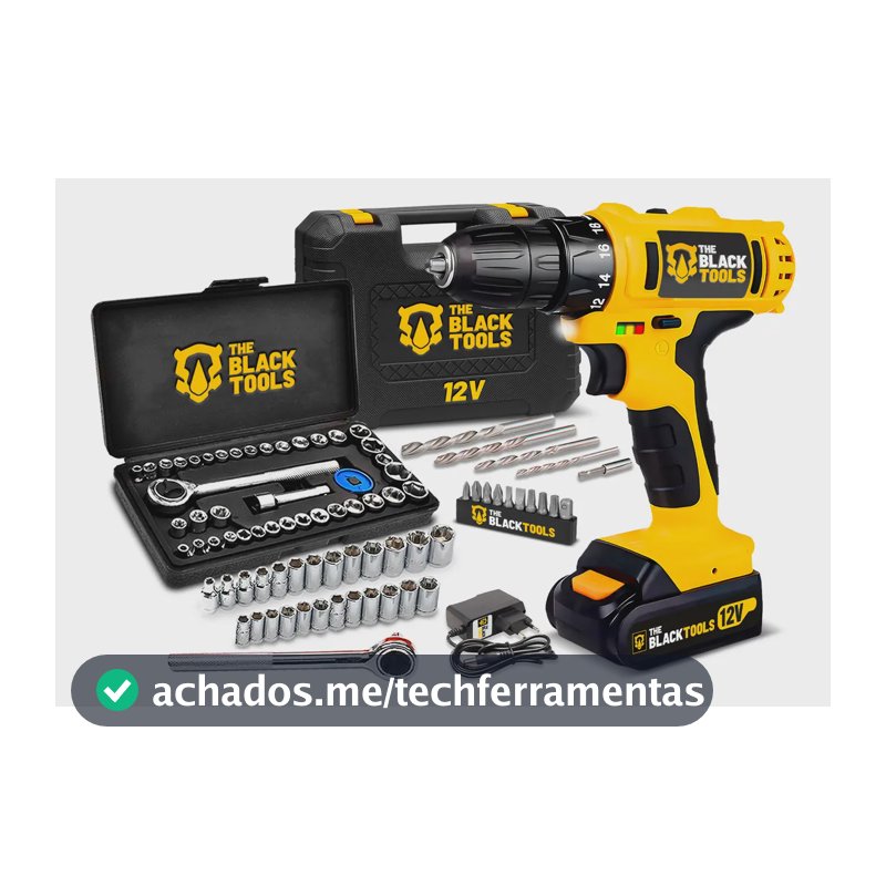 Parafusadeira Furadeira Sem Fio Bateria 12v P/ Madeira Metal Tb-12e The Black Tools Com Jogo De Soquetes 40 Peças