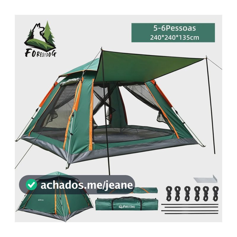 Barraca Camping Automatica 6 Pessoas Forestdog Grande Impermeável Tecido Oxford UPF 50+ Verde 240240135cm