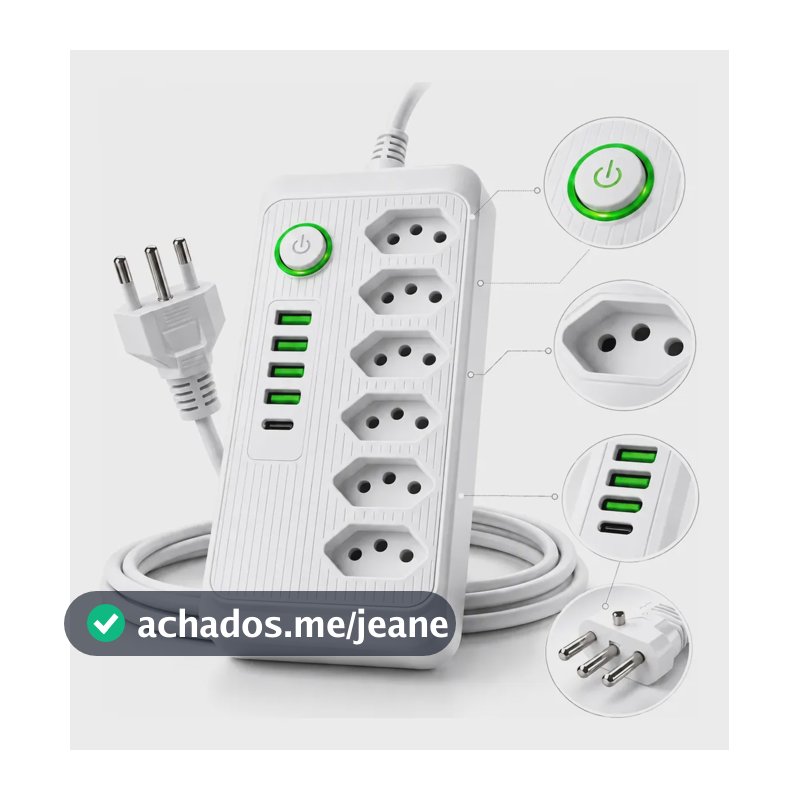 Extensão Régua Elétrica 5 Tomadas 4 Usb 2 Tipo C Cabo 2m Branco 127/220v