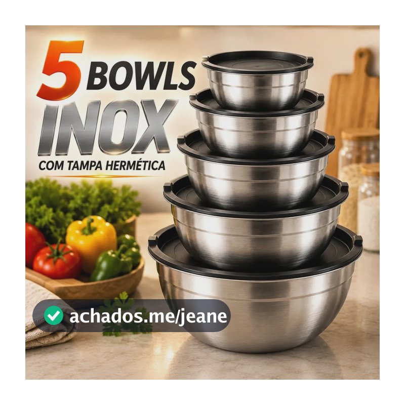 Kit 5 Tigelas de Aço Inoxidável com Tampa para Salada e Preparo de Alimentos