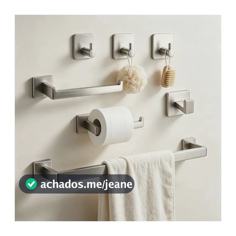 Kit 7 Acessório Banheiro Inox Quadrado Toalheiro Ganchos Prateado Escovado