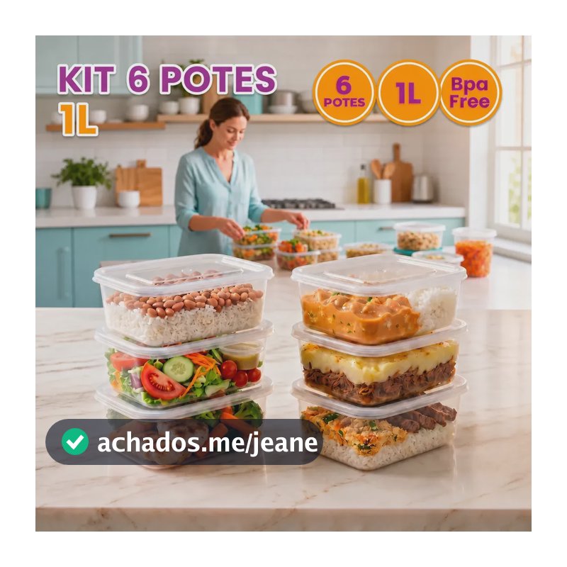 Kit 6 Potes 1 Litro Retangular BPA Free Transparente Plástico Com Tampa Para Alimentos Marmita Fitness Apto Micro-ondas E Lava-louças Reutilizável Cozinha Geladeira Ponte Lar Utilidades