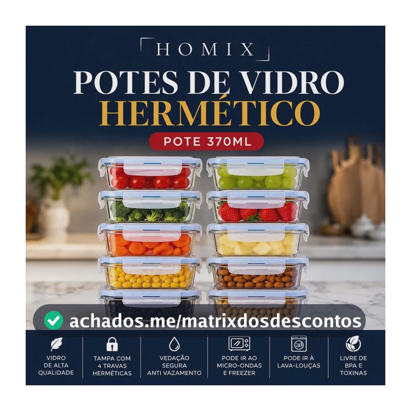 Kit 10 Potes Vidro Hermético 370ml Retangular 4 Travas Marmita Premium Homix