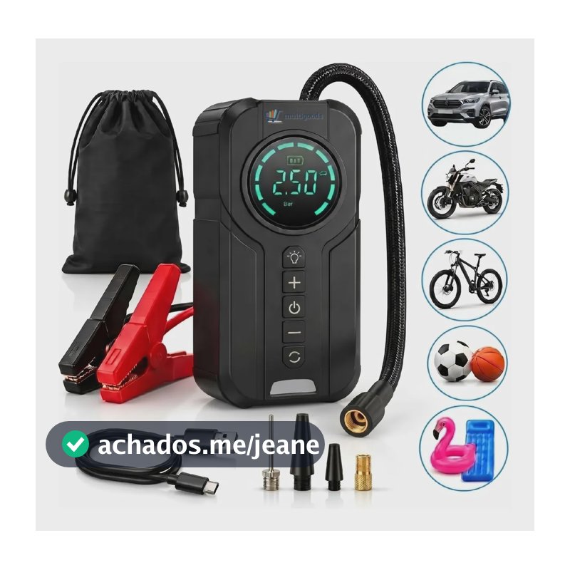 Auxiliar de Partida Compressor Portatil Carregador Bateria 12V Emergência Veicular Multigoods Carro Moto