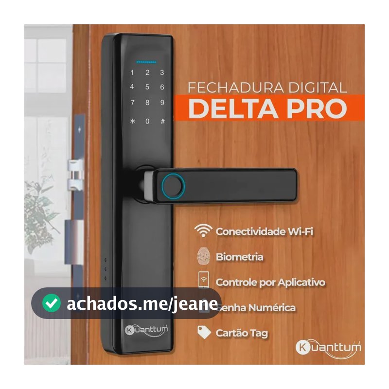 Fechadura Digital Kuanttum Delta Pro Wi-Fi para Porta de Madeira com Biometria e Senha