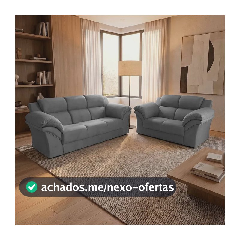 Conjunto Sofá Windsor Velut Cinza 3 E 2 Lugares 2,04m/1,59m