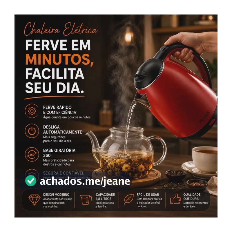 Chaleira Jarra Elétrica 1,8L Vermelha Em Inox Desligamento Automático Aquecimento Rápido Segura Café Chá Fácil Abertura Tampa Alça Viacruz