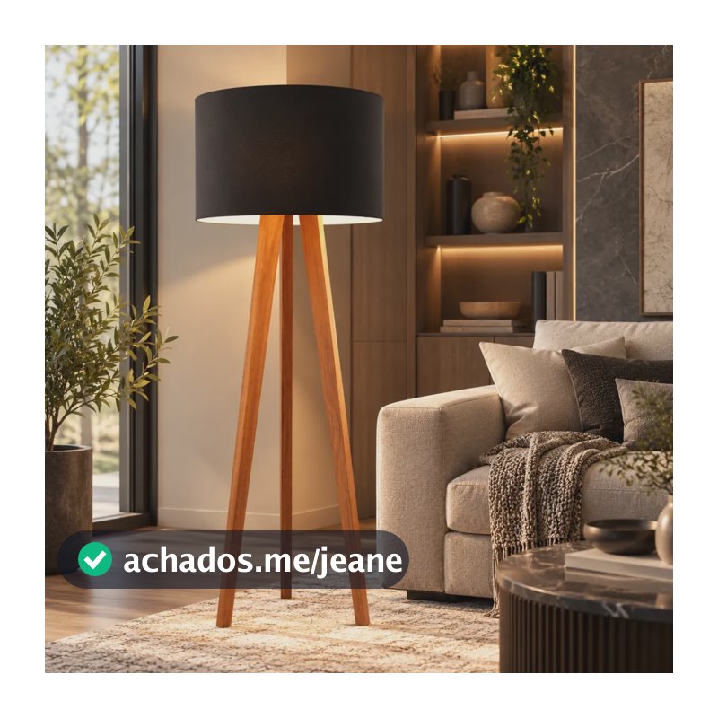 Luminaria De Chão Tripé Abajur Sala Bivolt E27 Cupula Luxo Preto Madeira Semi Brilho