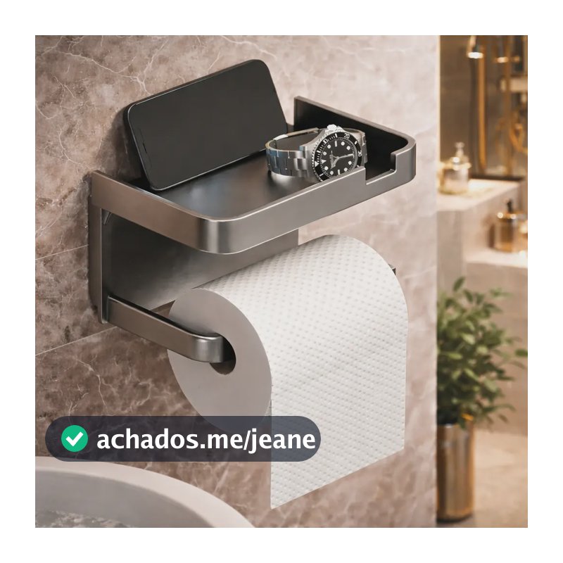 Suporte Papel Higiênico Adesivo De Parede Com Prateleira Porta Celular Sem Furo Ligeiro Cinza