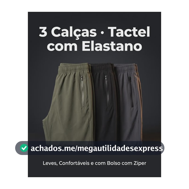 Kit 3 Calças Masculina Tactel Leve Bolso Zíper Premium Verde | Preto | Chumbo Lisa G