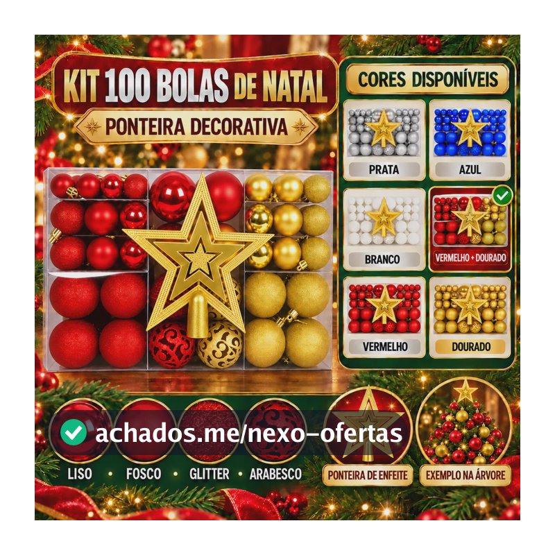 Kit 100 Bolas Natal Lisas/foscas/glitter C/ Ponteira Enfeite Vermelho E Dourado