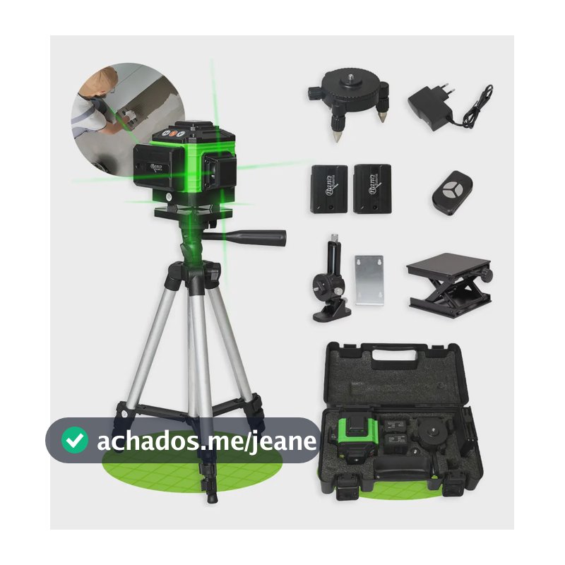 Kit Nível A Laser Verde 12 Linhas Esquadro + Suporte + Tripé Recarregavel Profissional Prumo Autonivelante Nano Bateria