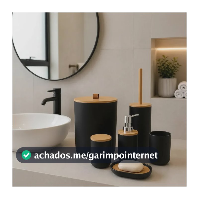 Kit Acessórios Banheiro 6 Peças Lixeira Escova Sanitária Dispenser Sabão Líquido Porta Escova Dente Saboneteira Organizadores Design Moderno Lavabo Suítes Resistente Cor Preto