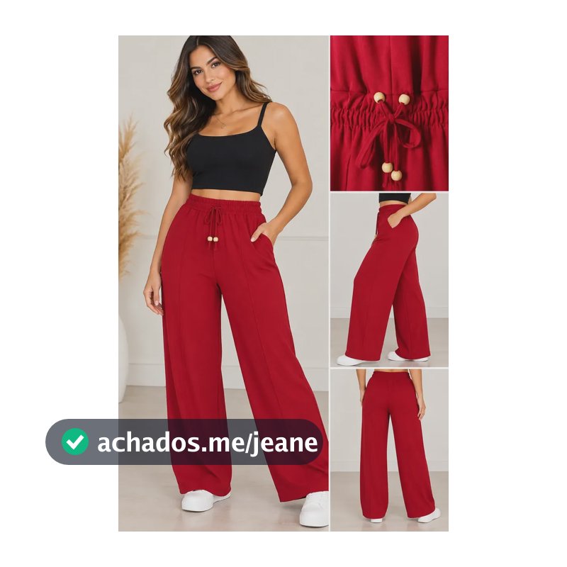 Calça Pantalona Feminina Com Cós Elástico E Cordão Vermelho Lisa M