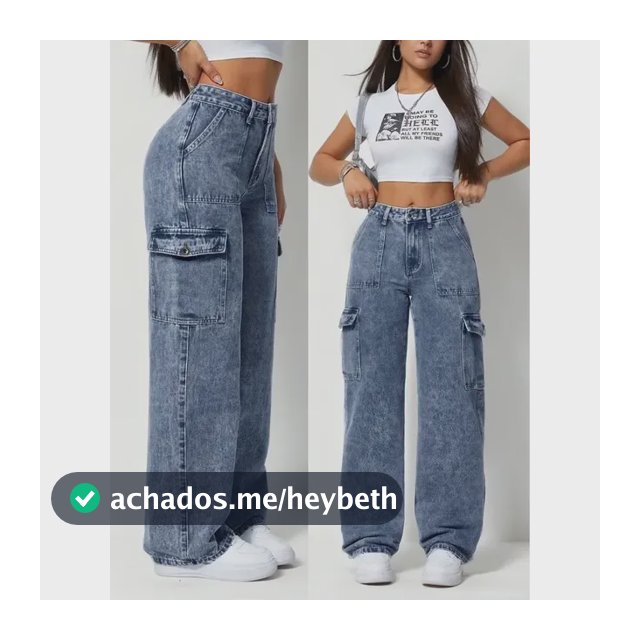 Calça Jeans Feminina Cargo Pantalona Wide Leg Cintura Alta