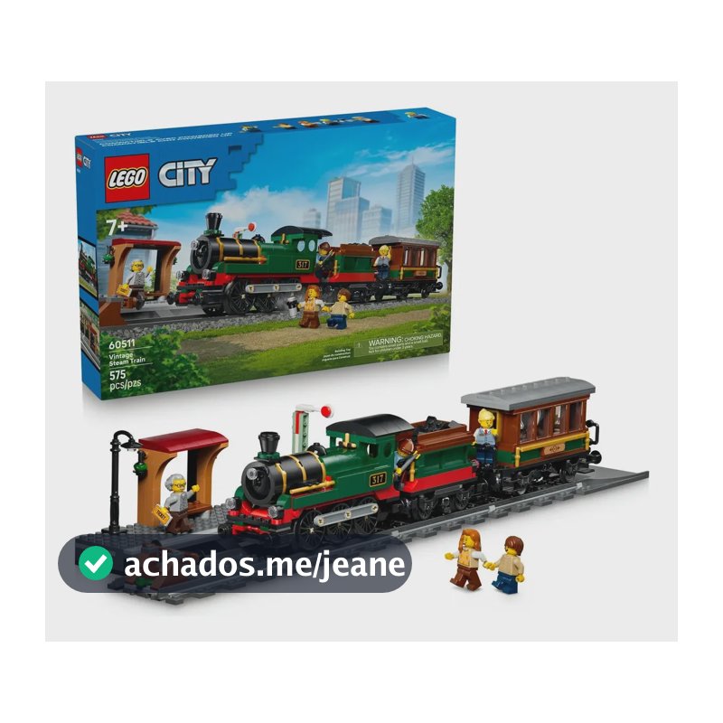 LEGO City Trem a Vapor Vintage 60511; Conjunto de construção de locomotiva a vapor para montar e brincar; Ideia de presente para crianças; 7+