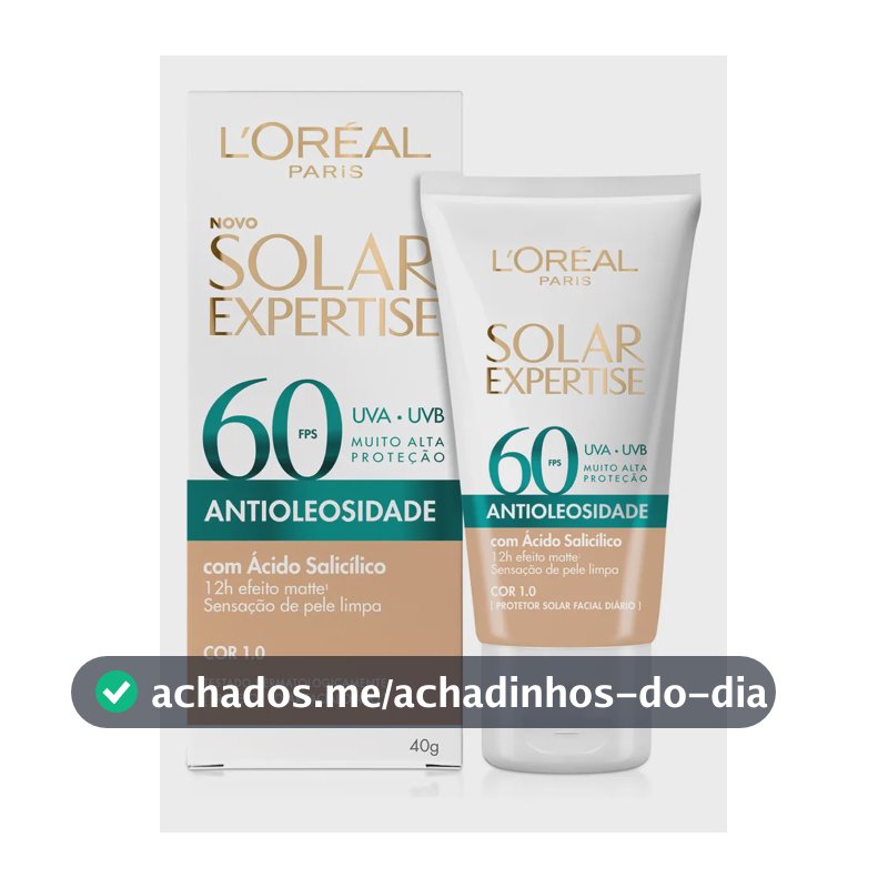 L'Oréal Paris Solar Expertise Antioleosidade, Protetor Solar Facial com FPS 60, 12h de Efeito Matte com Ácido Salicílico, Cor 1.0, 40g