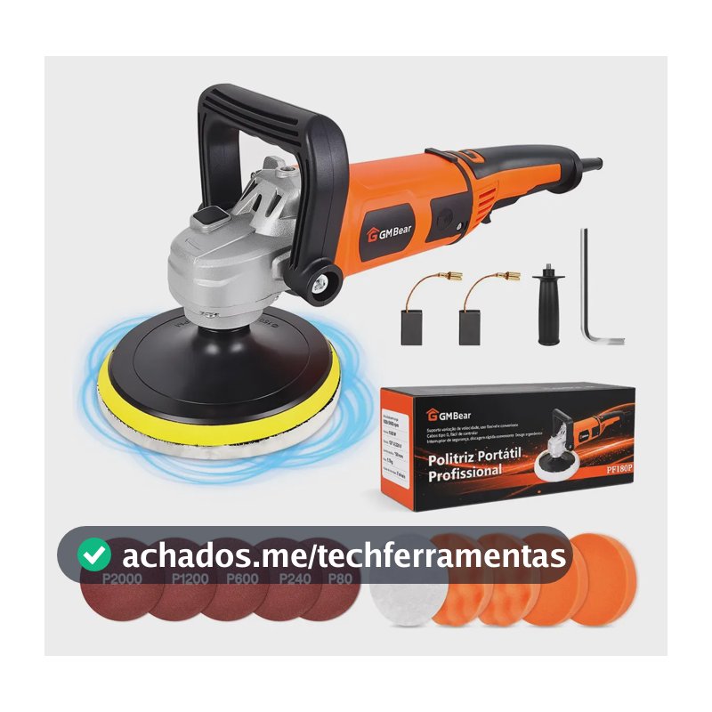 Politriz Angular Automotiva 7 Velocidades 1500w, Politriz Rotativa Velocidade Variável, 1000-5000 rpm