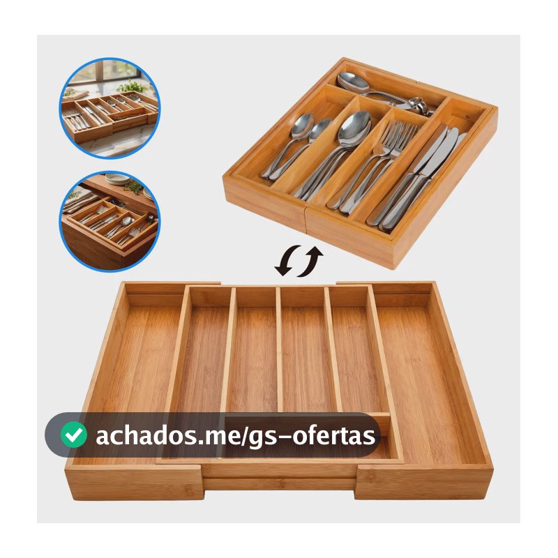 Organizador de Talheres de Bambu Madeira Extensível para Gaveta, com 7 Compartimentos Ajustáveis