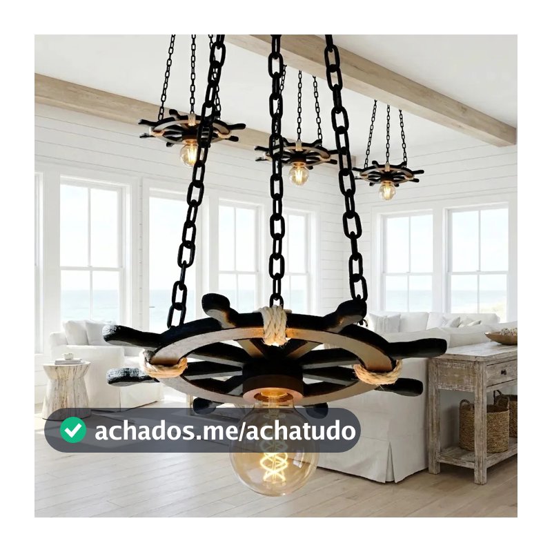 Luminária Lustre Pendente Rústica Leme Timão Navio Restaurante Casa De Praia Náutico Decoração Mar Iate Club 40cm 1 Bocal Preto/marrom