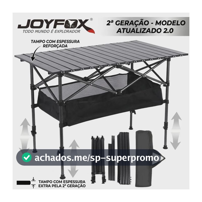Mesa Camping Dobrável Joyfox Versão G2 Altura Regulável 50-80cm Grande 120x55cm Tampo Reforçado Com Bolsa Oxford Suporta 100kg