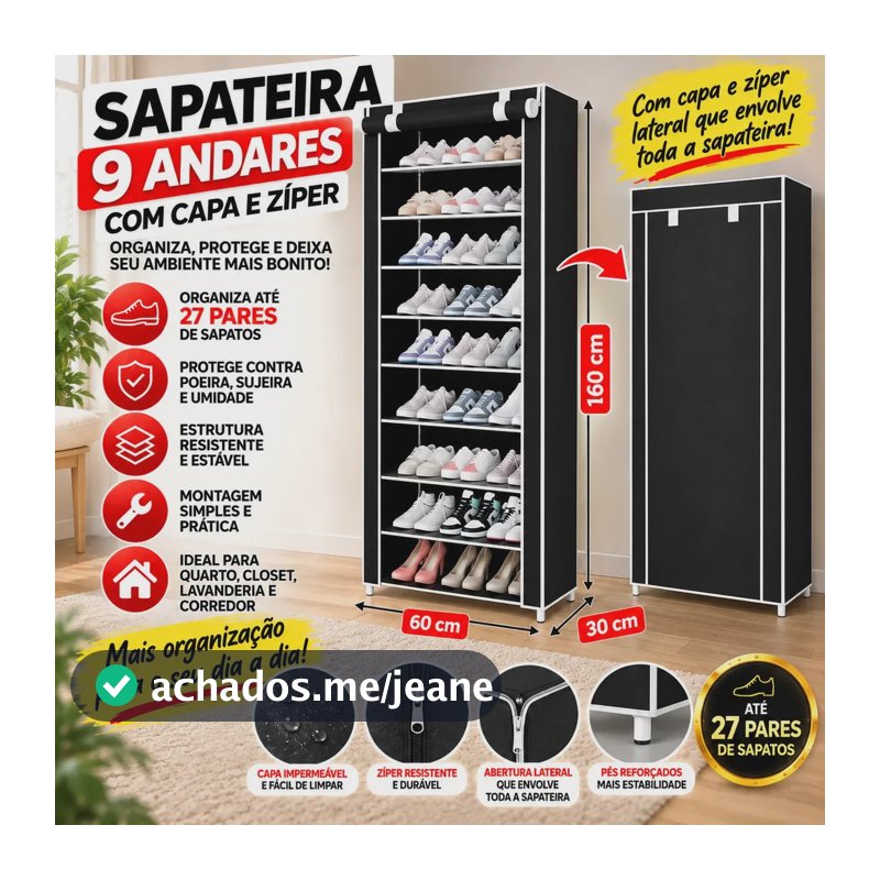 Sapateira 9 Andares Com Capa E Zíper Organizador De Sapatos 27 Pares Grande Vertical Multiuso Preto