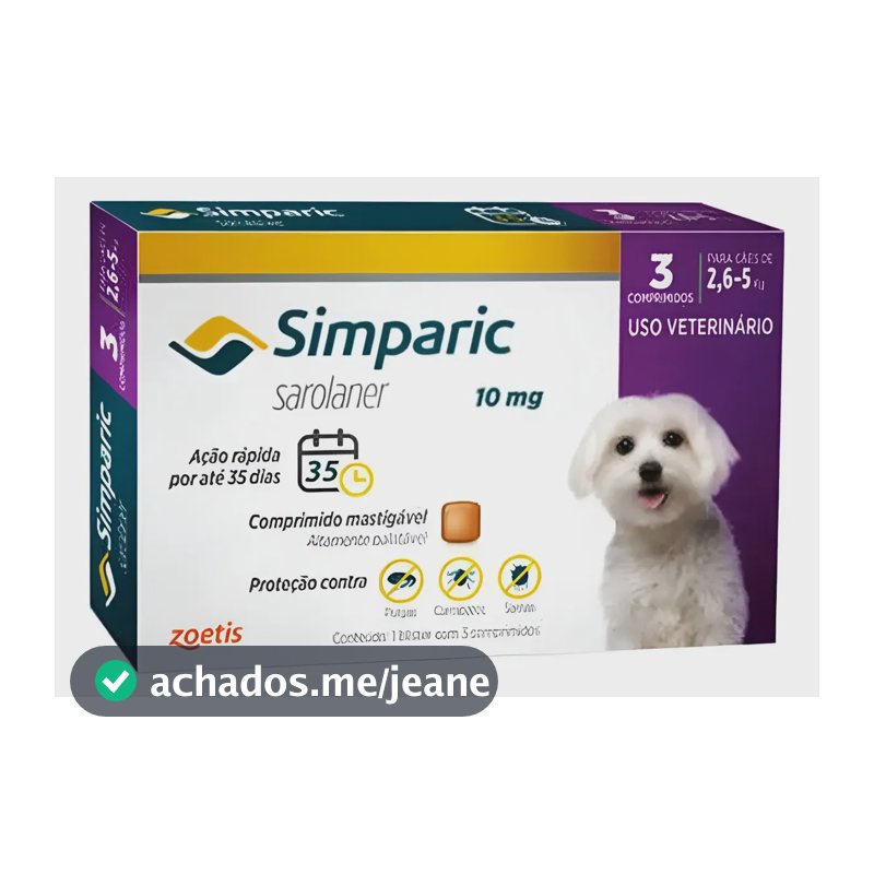Simparic Antipulgas E Carrapatos 10mg 2,6 A 5kg - 3 Comp. Sem Cor