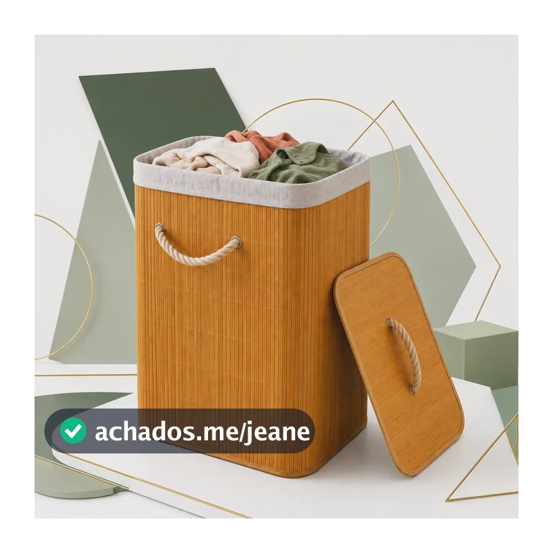 Cesto De Roupa Suja Bambu Ecológico 60l Tampa Dobrável Cesto Bege Liso