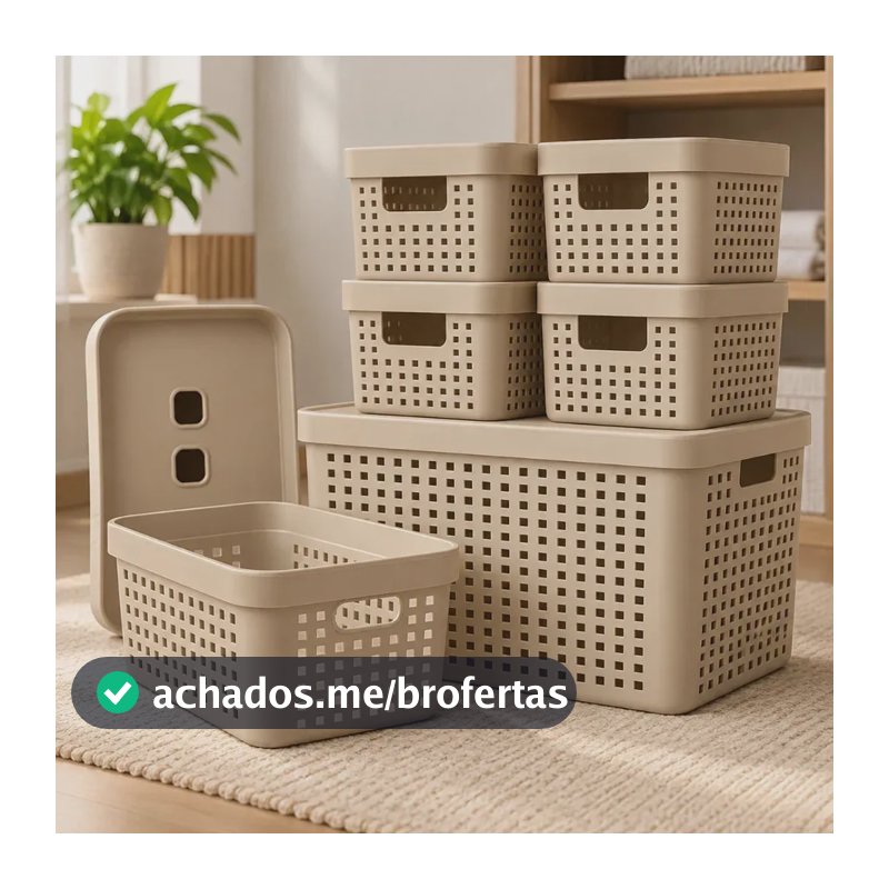 Kit 6 Caixas Organizadoras Com Tampa Invisivel 2l 4,5l 17l Cor Bege