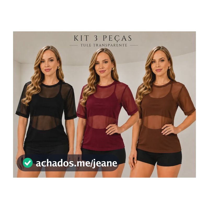 Kit 3 Blusas De Tule Academia Fitness Transparente Preto Marrom E Vinho Liso G (42/44)
