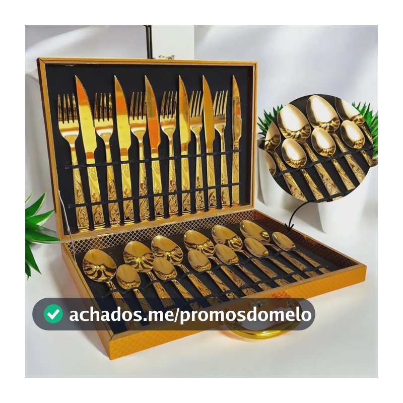 Faqueiro Dourado Luxo Jogo Talheres Inox 24pçs + Maleta Dourado