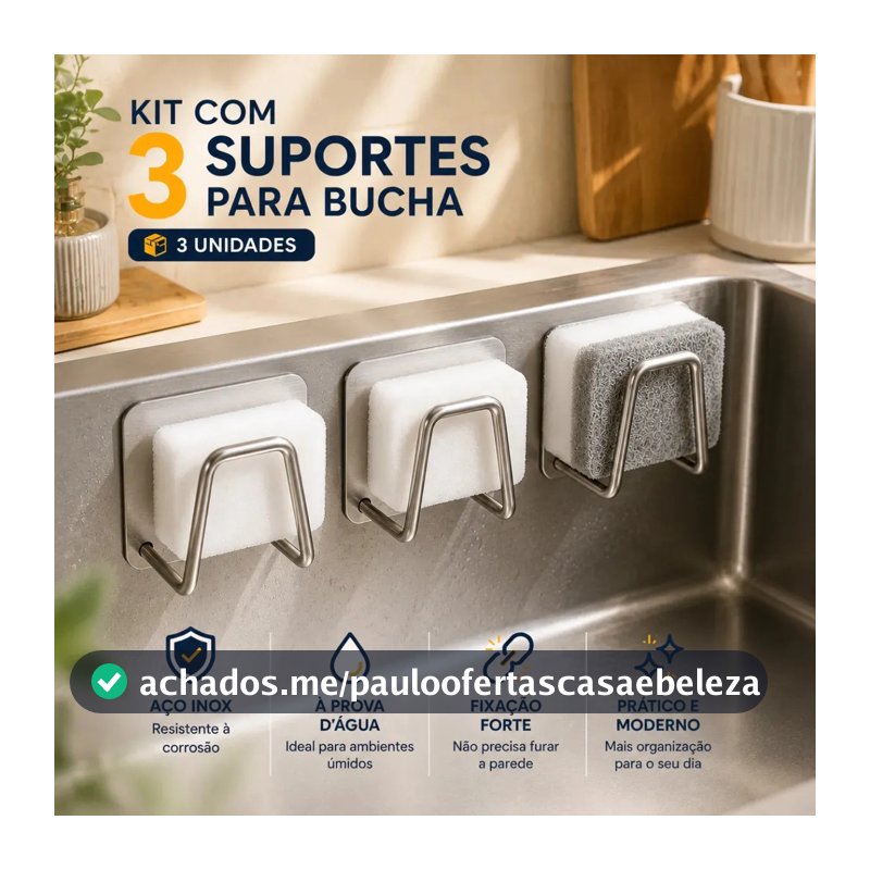 Kit 3 Suporte Porta Bucha Esponja Para Pia Cozinha Organizador Com Gancho Aço Inox Prata
