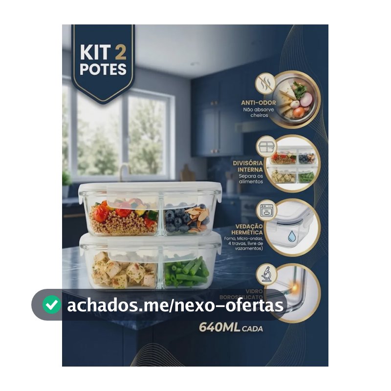 Kit 2 Potes de Vidro 640ml com Divisória Hermético Vedação Freezer Mantimentos Pítia