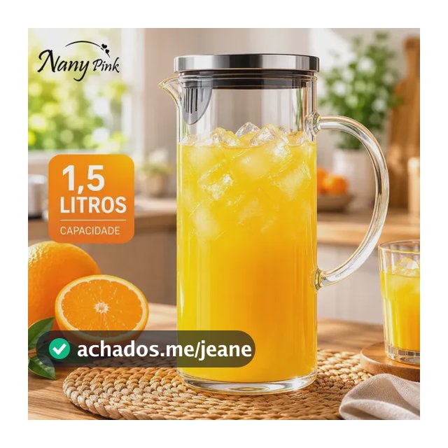 Jarra Vidro Borossilicato 1,5 Litros Tampa Inox Hermética Agua Suco Transparente - Nany Pink