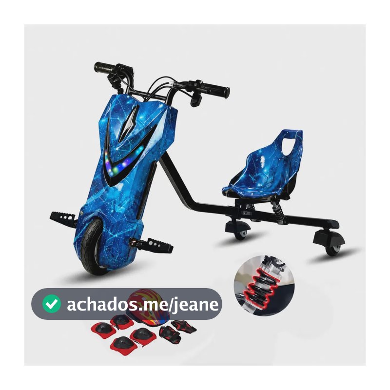 Triciclo Elétrico Drift Infantil 350W 8 Polegadas com Amortecedor Bluetooth e LED Capacete e Kit de Proteção Cor Azul Estrelado