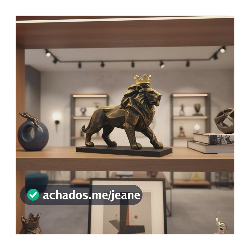 Escultura Decorativa Leão Coroa Escritório Dourado Elegante Preto Com Dourado